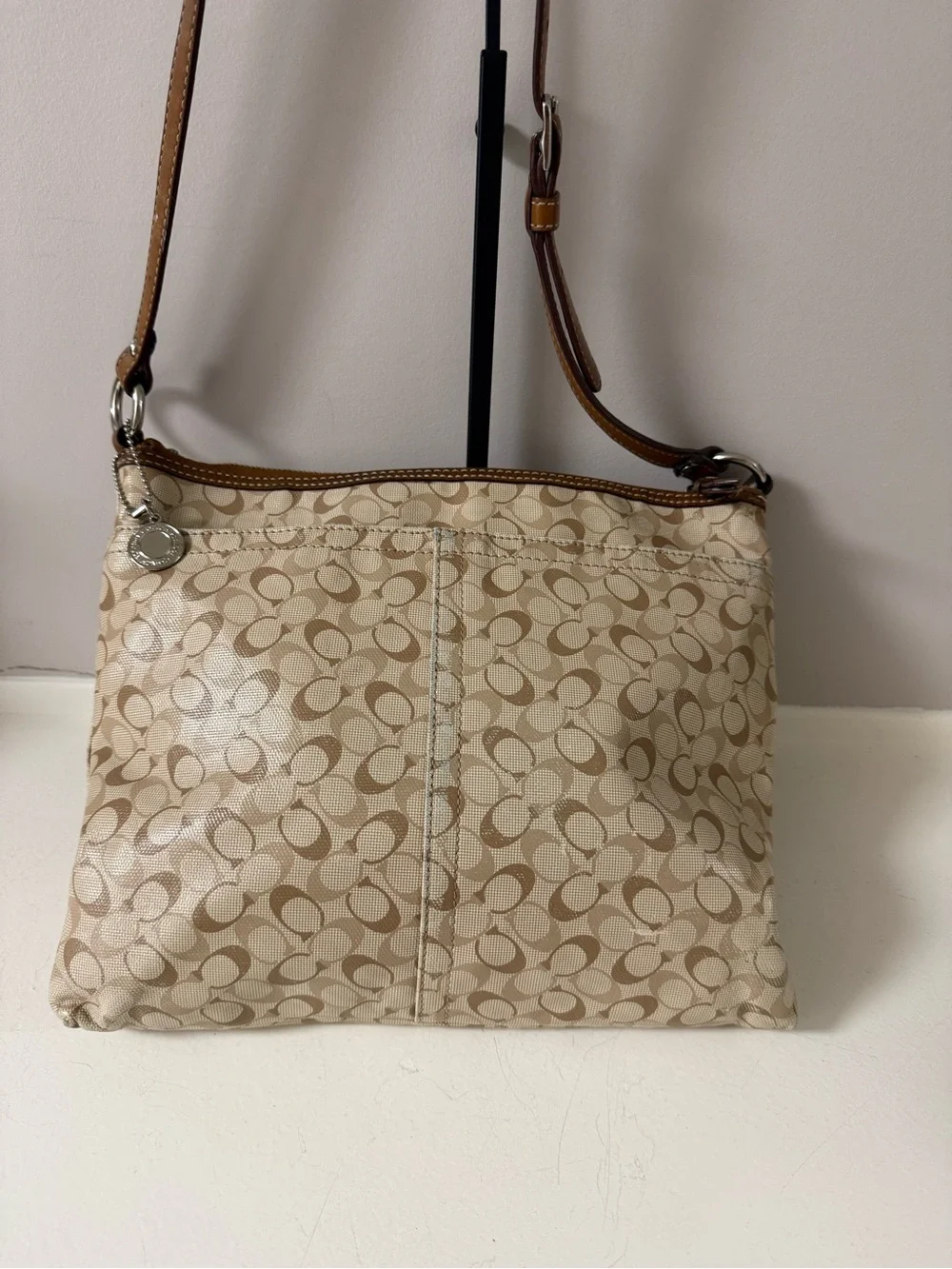 Coach Beige Signature Crossbody with Brown Leather Trim!